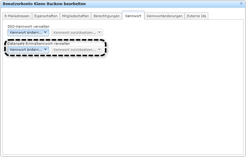 Benutzerkonto Kiano Buckow, Reiter "Kennwort", "Datensafe-Kennwort ändern" markiert