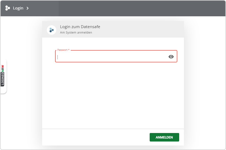 Login zum Datensafe Am System anmelden Eingabefeld Passwort , Button Anmelden unten