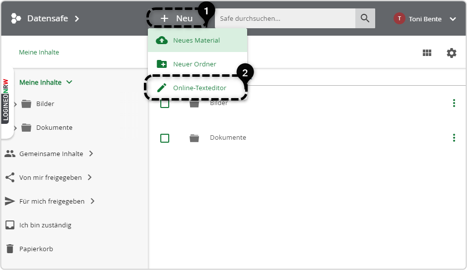 Datensafeoberfläche  Nummer 1 + Neu , Nummer 2:   Online-Texteditor im Ausklappmenü Neu 