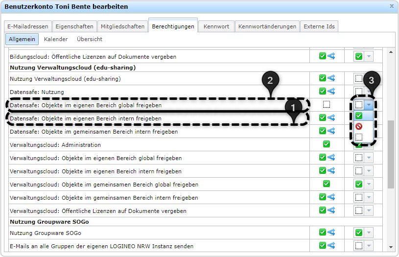 Benutzerkonto Toni Bente, Reiter "Berechtigungen", Bereich "Allgemein", Datensafe: Objekte ...freigeben" markiert, Dropdown
