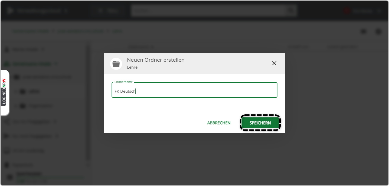 Verwaltungscloud, Eingabe des Namens des neuen Ordners, Button "Speichern" markiert