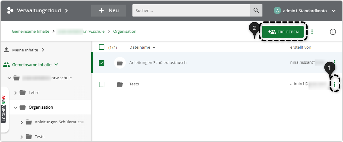 Freigabe Ordner Verwaltungscloud, Dreipunktemenü und Button "Freigeben" markiert mit Zahlen 1 und 2