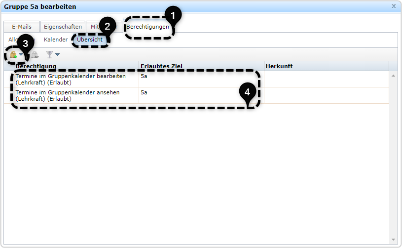 Berechtigung zum Einsehen und Bearbeiten des Kalenders Nr. 1 Berechtigungen, Nr. 2 Übersicht, 3. Plus-Icon, Nr. 4 Rechtevergabeübersicht:  Termine im Gruppenkalender bearbeiten (Lehrkraft) (Erlaubt) Erlaubtes Ziel 5a, Termine im Gruppenkalender ansehen (Lehrkraft) (Erlaubt) Erlaubtes Ziel 5a