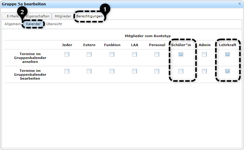 Rechtesetzung für Kalenderberechtigungen in der Benutzerverwaltung in der Gruppenkarte Nr. 1 Berechtigungen, Nr. 2 Kalender , gesetzte Recht: Termine im Gruppenkalender ansehen Spalte Schüler*in gesetzt, gesetzte Rechte in Spalte Lehrkraft bei Termine im Gruppenkalender ansehen und Termine im Gruppenkalender bearbeiten. 