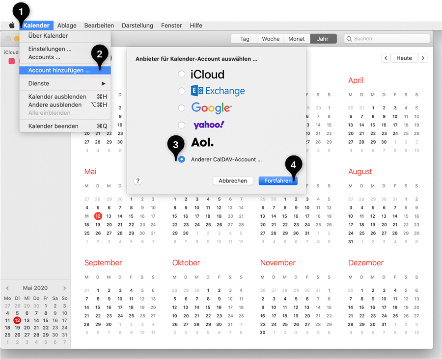 Die Darstellung zeigt die Einbindung des Account unter macOS im Programm Kalender