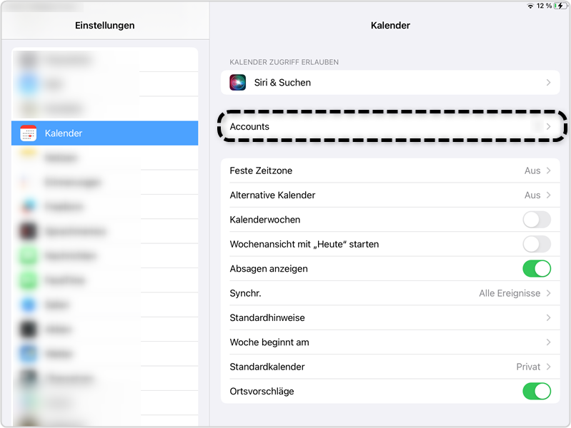 Kalender- App: Option "Accounts" markiert