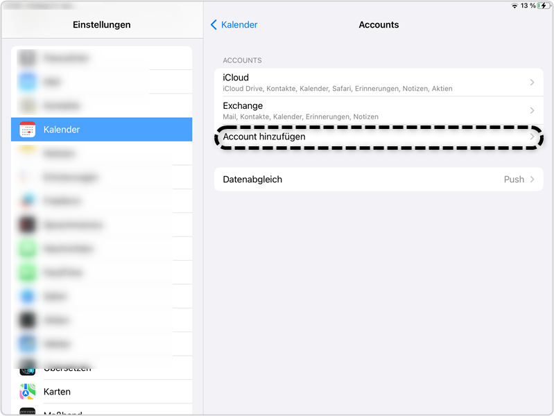 Kalender- App: Option "Account hinzufügen" markiert