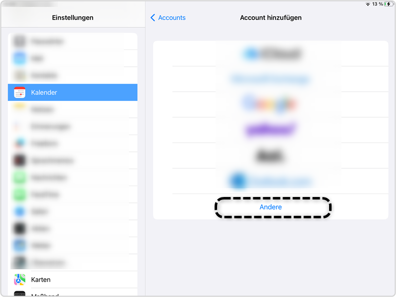 Kalender- App: Account hinzufügen "Andere" markiert