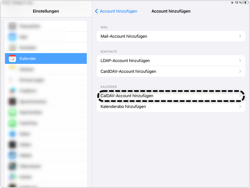 CalDAV-Account hinzufügen markiert