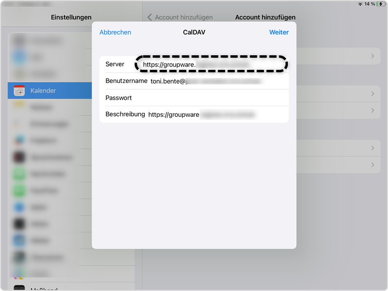 CalDAV: Eingabefelder: Server, Benutzername, Passwort, Beschreibung , Serverangabe markiert