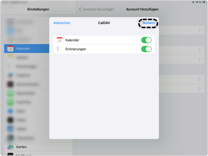 CalDAV: Optionen Kalender und Erinnerungen angewählt, "Sichern" markiert
