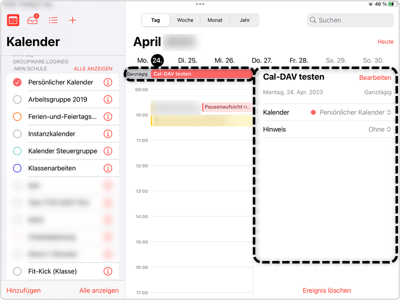 CalDAV Termin anzeigen lassen und bearbeiten- Beispieltermin ganztägig markiert und Informationen zu dem Termin