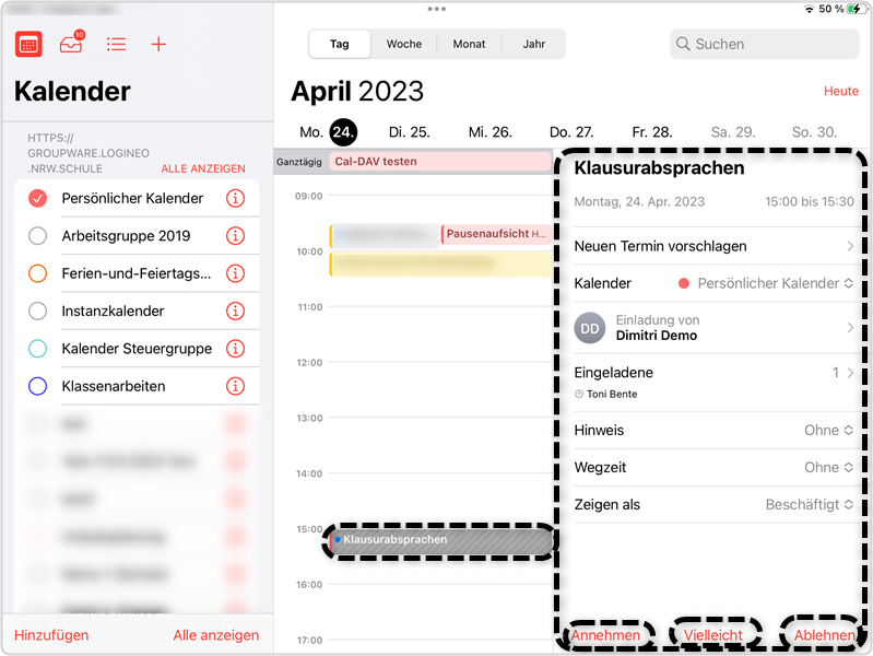 CalDAV Termineinladung annehmen oder ablehnen: Termin markiert, Informationen zur Einladung und des Termins. Optionen "Annehmen", "Vielleicht" und "Ablehnen" markiert