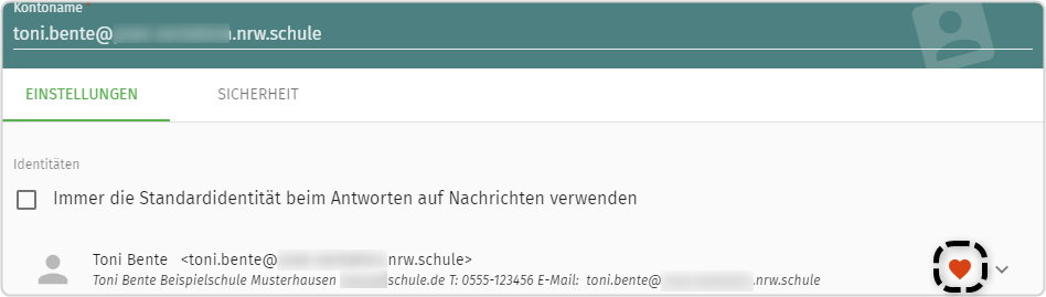 Übersicht unter Einstellungen: Identitäten, Auswahl der E-Mail-Adresse durch aktiviertes Herz-Symbol (markiert)