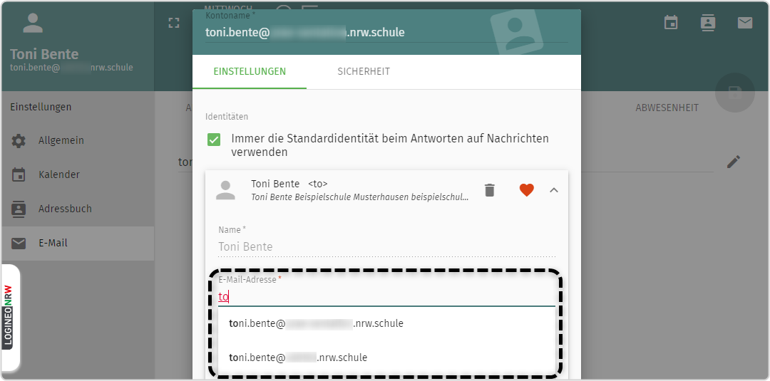 Eingabefeld E-Mail-Adresse zur Auswahl (mit Markierung), für welche Adresse die Signatur festgelegt werden soll