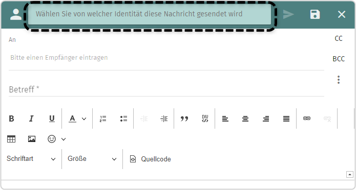 Fenster zum Verfassen einer E-Mail ausgeklappt mit Eingabefeld "Wählen Sie von welcher Identität diese Nachricht gesendet wird" (markiert)