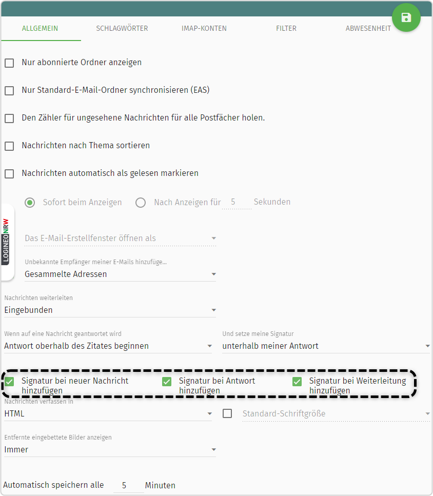 "Allgemein" "E-Mail", Checkboxen "Signatur bei neuer Nachricht hinzufügen/bei Antwort hinzufügen/bei Weiterleitung" markiert