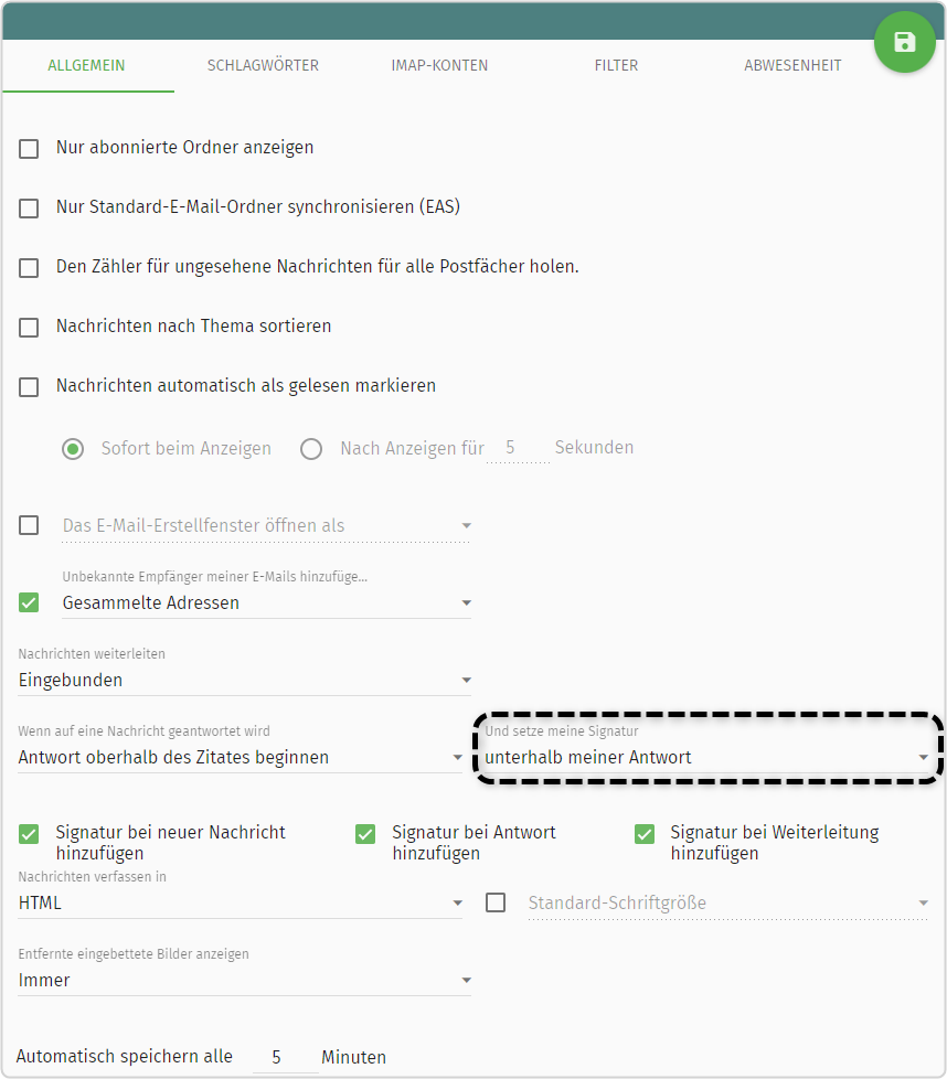 Menü "Allgemein" unter "E-Mail", Auswahl "Und setze meine Signatur unterhalb meiner Antwort" markiert