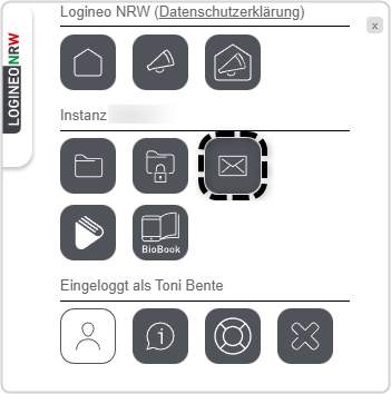 Flyout ausgeklappt, Toni Bente eingeloggt, Mein Konto aktiviert und Groupware markiert