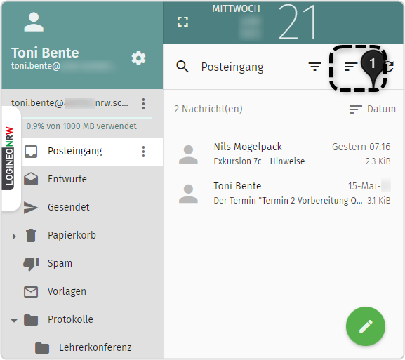 E-Mail-Posteingang, Icon zur Auswahl der Sortieroptionen mit Zahl 1 markiert
