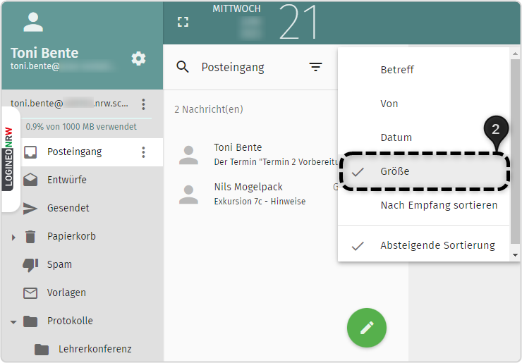 E-Mail-Posteingang, Auswahl "Größe" der Sortieroptionen mit Zahl 2 markiert