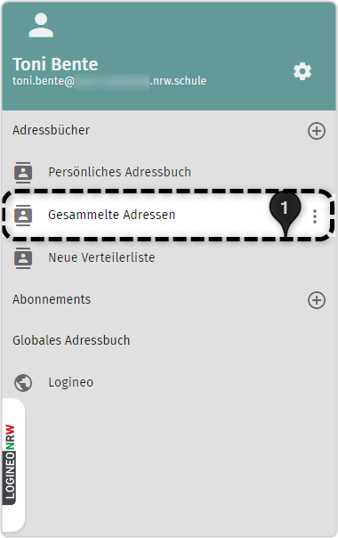 Übersicht Adressbücher, Adressbuch "Gesammelte Adressen" mit Zahl 1 markiert 