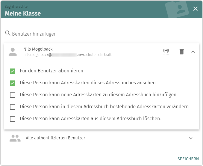 Adressbuch "Meine Klasse", Liste der Checkboxen für die Einstellungen der Freigaben, die oberen zwei Checkboxen aktiviert