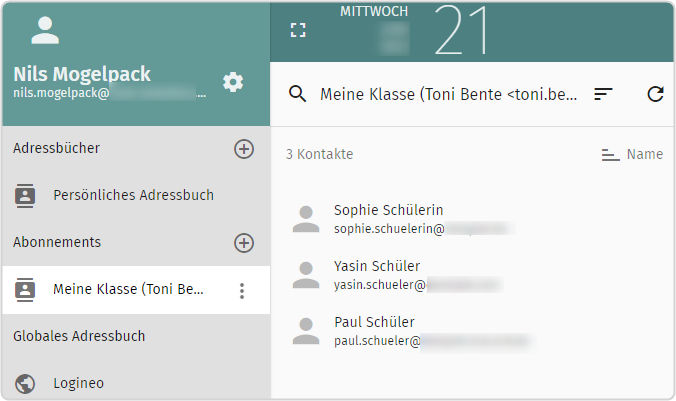 Adressbuch "Meine Klasse" aus der Ansicht von Nutzer Nils Mogelpack