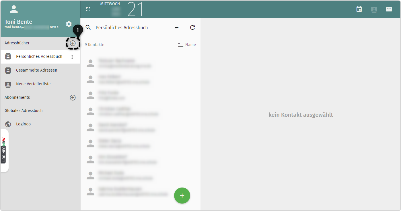 Übersicht Adressbuch, Plus-Symbol über "Persönliches Adressbuch" markiert mit Zahl 1