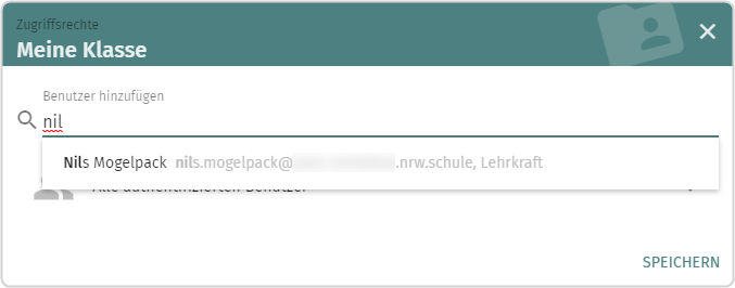 Neues Adressbuch, Dialogfeld "Zugriffsrechte" für "Meine Klasse", Auswahl Nils Mogelpack (Lehrkraft) aus der Vorschlagsliste 