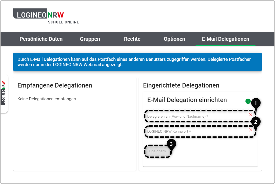 Feld zur Eingabe der NutzerInnendaten zur Postfachdelegation