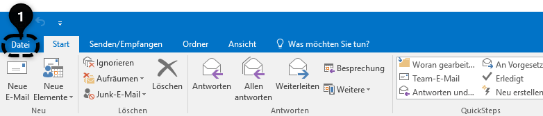 Das Menü: Datei, zu finden oben links im Outlook Fenster,  in dem die weiteren Einstellungen zu finden sind