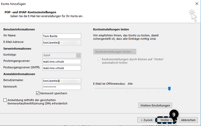 Dialogfenster IMAP-Einbindung, Eingabe Benutzer-, Server- und Anmeldeinformationen