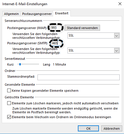 Porteingaben Posteingangsserver 993 Postausgangsserver 465