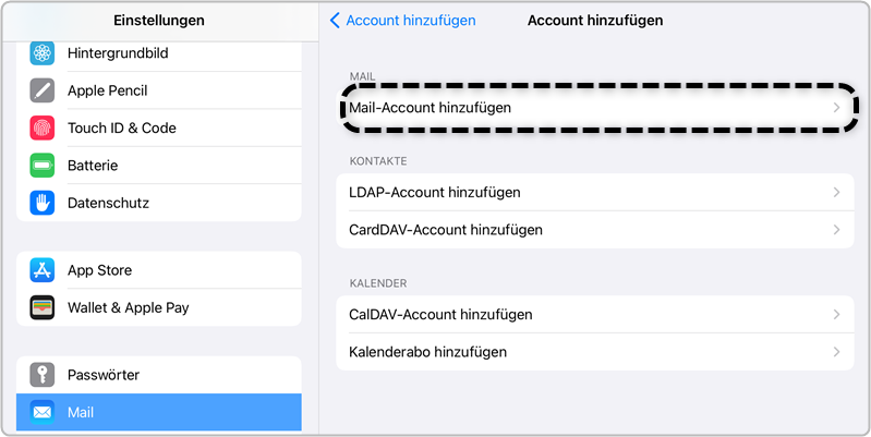 Schritt 5 Auswahl Account hinzufügen mail-Account hinzufügen