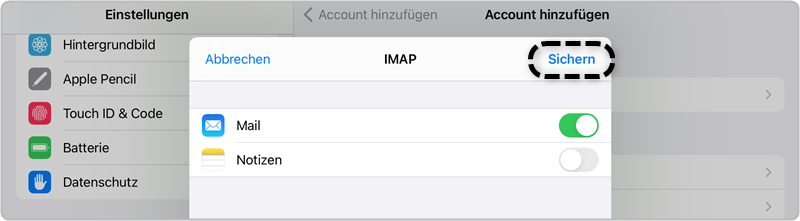 Account hinzufügen Mail Account hinzufügen Neuer Account sichern