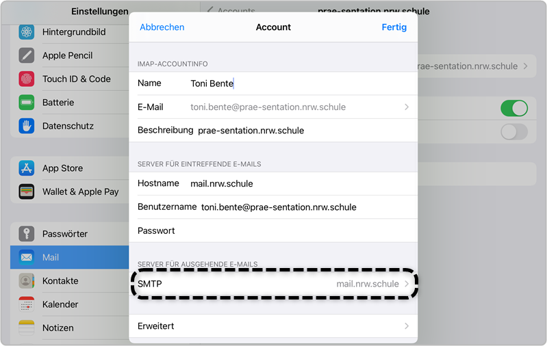 Schritt 13 Accounts erstellten Account Server für ausgehende Mails SMPT