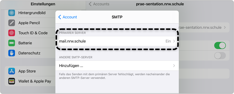 Schritt 14 Accounts erstellen Account Server für ausgehende Mails SMPT primärer Server