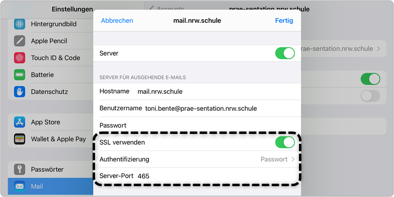 Schritt 15 Accounts erstellten Account Server für ausgehende Mails SMPT primärer Server Portangabe prüfen