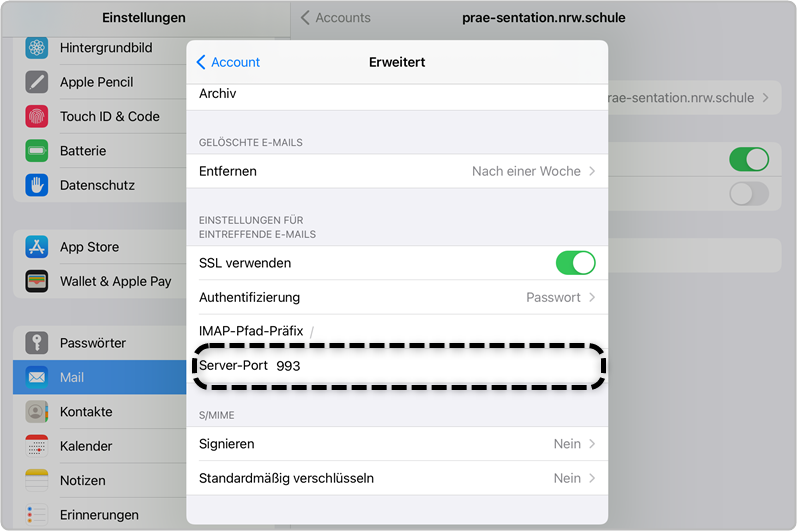 Schritt 17 Portangabe prüfen erweitert nach unten gescrollte Ansicht Server-Port eintreffende Mails prüfen