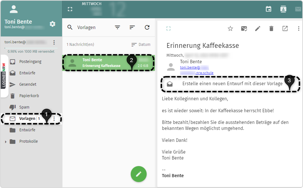 E-Mail-Vorlage im Ordner "Vorlagen" mit Markierungen