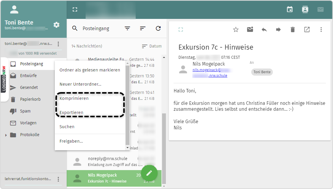 E-Mail-Postfach Toni Bente, Posteingang, Drei-Punkte-Menü geöffnet, "Komprimieren" und "Exportieren" markiert