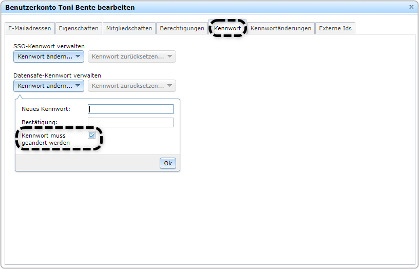 Benutzerkarte Toni Bente, Reiter "Kennwort" geöffnet, Dropdown "Datensafe-Kennwort verwalten" geöffnet