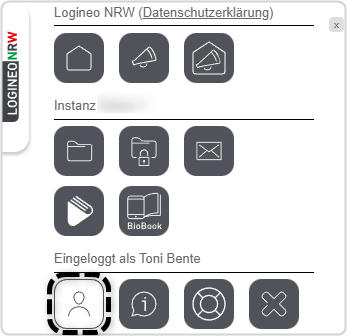 Flyout ausgeklappt (eingeloggt als Toni Bente), Kachel "Mein Konto" markiert