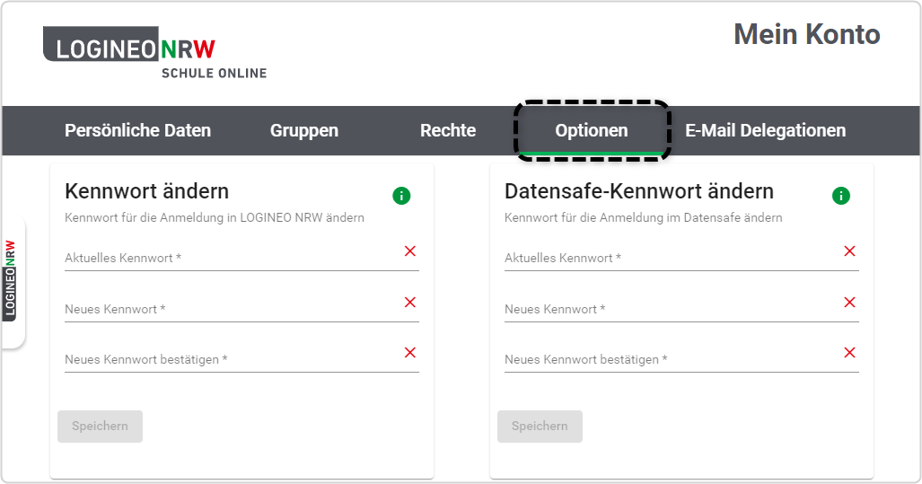 Übersicht "Mein Konto" mit Markierung des Reiters "Optionen"