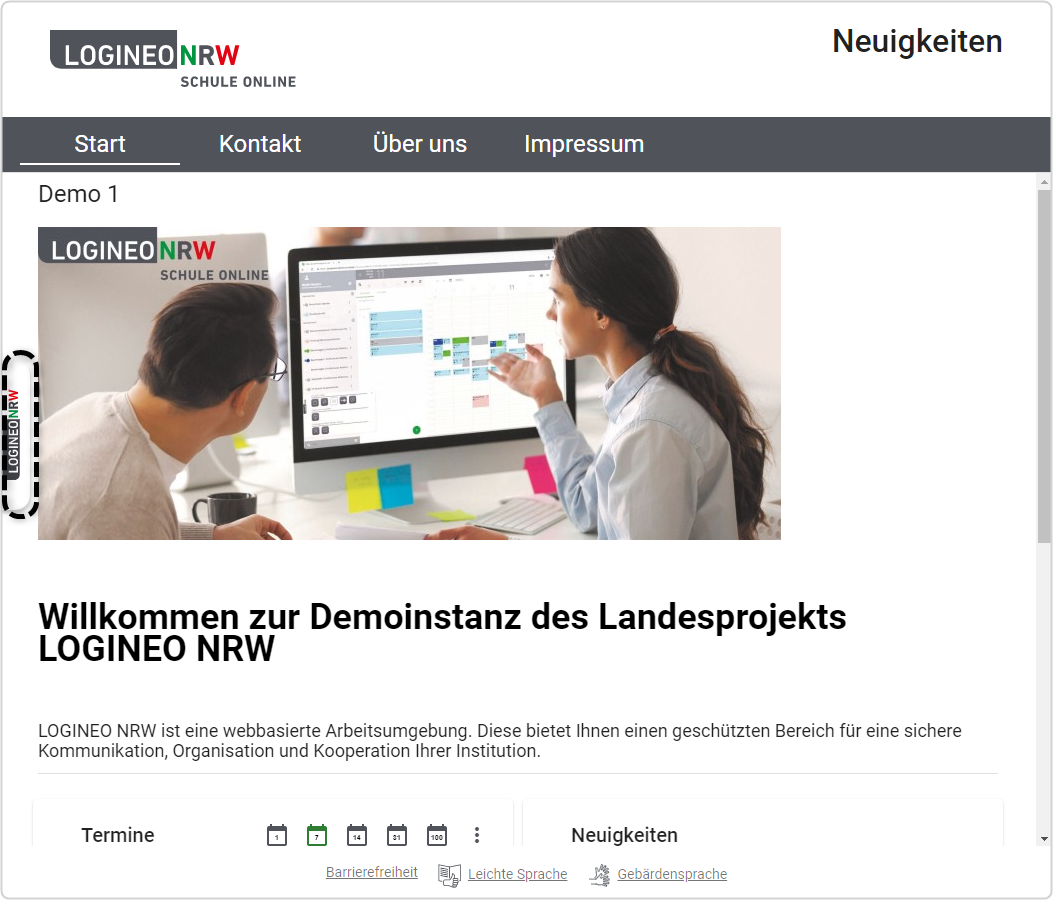 LOGINEO NRW Startseite, Flyout eingeklappt und markiert