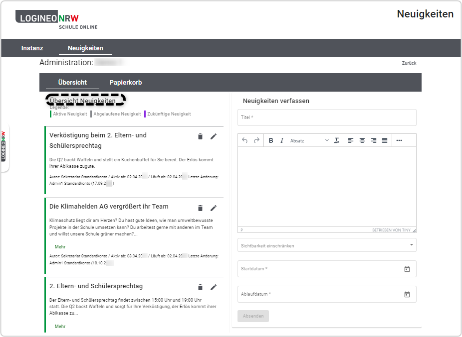 Administration Instanz Und Neuigkeiten: Administration Neuigkeiten