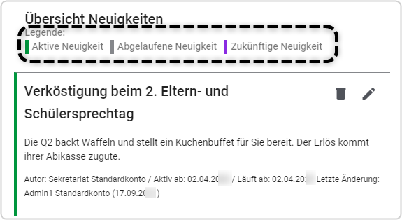 Übersicht Neuigkeiten "Legende Aktive Neuigkeiten Abgelaufene Neuigkeiten Zukünftige Neuigkeiten" markiert