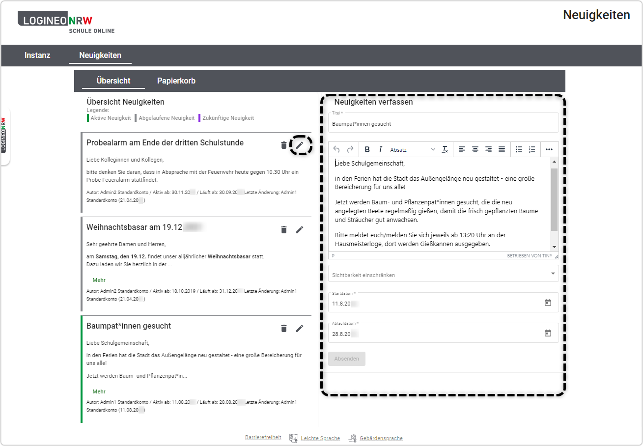 Bearbeitung Neuigkeiten Stift-Icon markiert, Bearbeitungsfeld  "Neuigkeiten verfassen" markiert