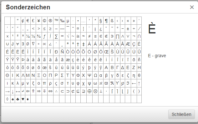 Tabelle mit Sonderzeichen